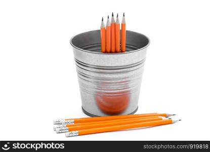 Isolated orange pencils on a clean white background in a metal bucket. pencils on a white background in a bucket