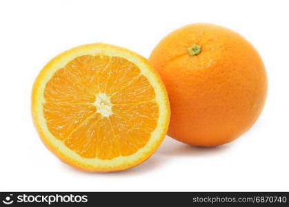 Isolated oranges fruits. Whole orange and orange sliced
