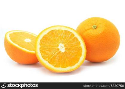 Isolated oranges fruits. Whole orange and orange sliced