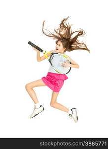 Isolated photo from high point of view of girl jumping high and playing on tennis racket as on guitar