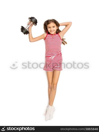 Isolated photo from high point view of cute girl doing exercise with dumbbell