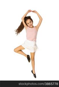 Isolated photo from high point view of cute girl lying on floor and pretending to dance ballet