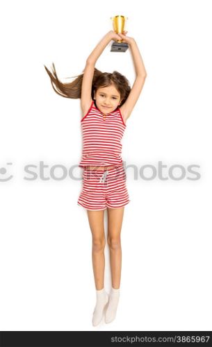 Isolated photo of beautiful smiling girl holding trophy cup over head