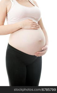 Isolated photo of big belly of pregnant woman on white isolated background