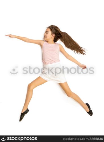 Isolated photo of cute girl jumping in dance