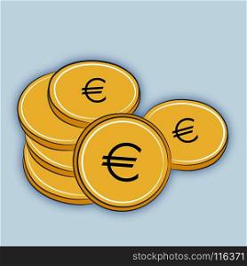 Isolated pile of golden coins Euro. Vector image.