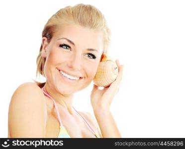Isolated portrait of a beautiful female with a shell &amp; copy space