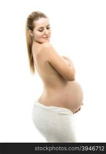 Isolated portrait of beautiful pregnant woman covered in towel
