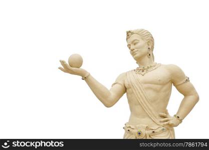 Isolated sculpture of ball carrying angel on white background, he also looking carefully into the ball he is carrying