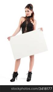 isolated sexy young woman dressed for nightclub holding white sign