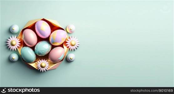 Isolated shiny 3d easter eggs background and banner with flower ornament and copy space