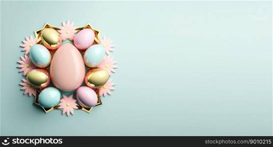Isolated shiny 3d easter eggs background and banner with small flower ornament and empty space