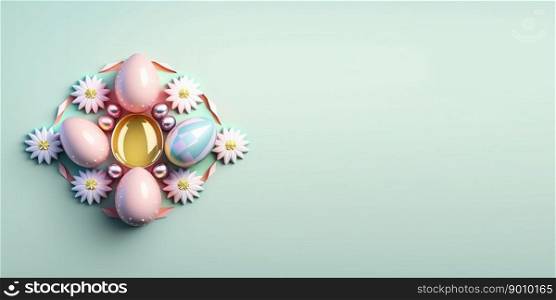 Isolated shiny 3d easter eggs celebration background and banner with flower ornament and copy space