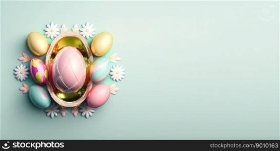 Isolated shiny 3d easter eggs celebration background and banner with flower ornament and empty space