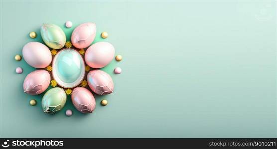 Isolated shiny 3d easter eggs celebration background and banner with small flower ornament and empty space