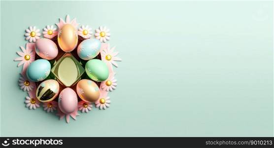 Isolated shiny 3d easter eggs celebration background and banner with small flower ornament and copy space