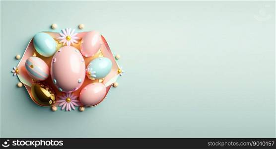 Isolated shiny 3d easter eggs greeting card background and banner with flower ornament and copy space