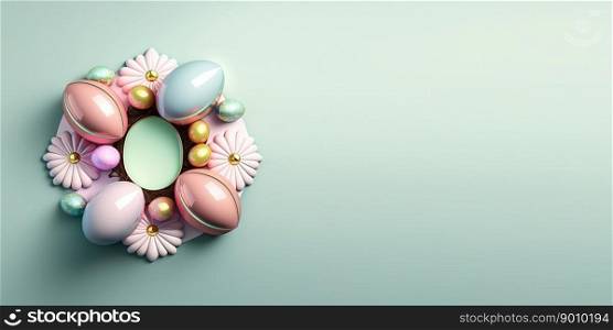 Isolated shiny 3d easter eggs greeting card background and banner with small flower ornament and copy space
