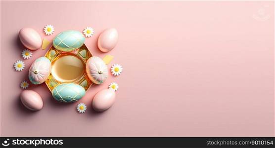 Isolated shiny 3d easter eggs holiday background and banner with flower ornament and copy space