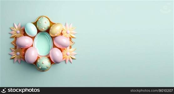 Isolated shiny 3d easter eggs holiday background and banner with small flower ornament and empty space