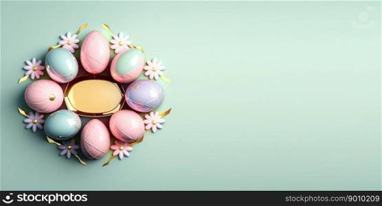 Isolated shiny 3d easter eggs holiday background and banner with small flower ornament and copy space
