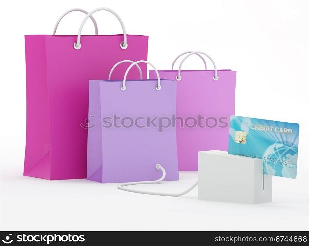 Isolated shopping bags with blue credit card - 3D RenderNote: All Devices design and screen interface graphics of this picture are designed by the contributor him self.