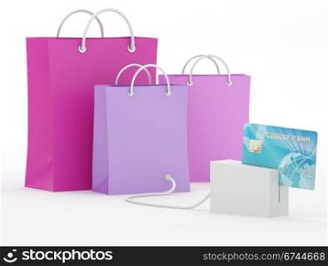 Isolated shopping bags with blue credit card - 3D RenderNote: All Devices design and screen interface graphics of this picture are designed by the contributor him self.