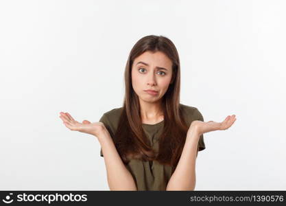 Isolated shot of speechless concerned shocked and angry woman, expressing silence and misconceptions, frightened. Isolated over grey background.. Isolated shot of speechless concerned shocked and angry woman, expressing silence and misconceptions, frightened. Isolated over grey background