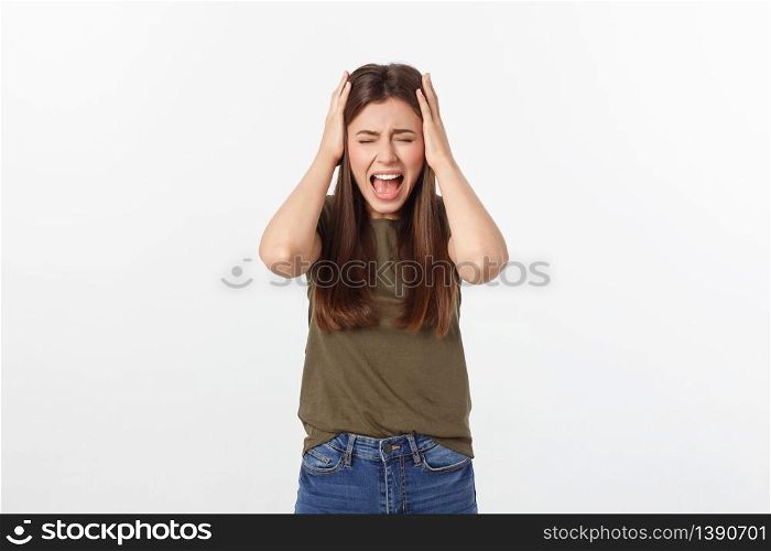 Isolated shot of speechless concerned shocked and angry woman, expressing silence and misconceptions, frightened. Isolated over grey background.. Isolated shot of speechless concerned shocked and angry woman, expressing silence and misconceptions, frightened. Isolated over grey background
