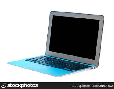 Isolated silver laptop lit with blue light on keyboard with path in file