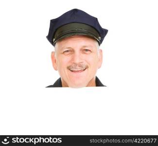 Isolated smiling police head. Design element with blank space.