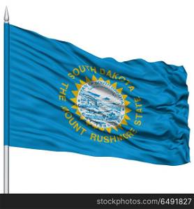 Isolated South Dakota Flag on Flagpole, USA state, Flying in the Wind, Isolated on White Background