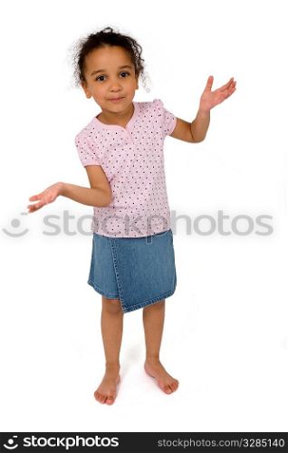 Isolated studio shot of a beautiful mixed race little girl standing up and making a decision, created with a subtle drop shadow.