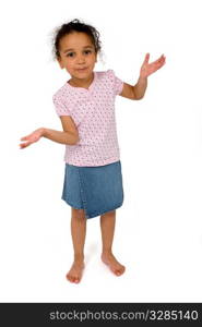 Isolated studio shot of a beautiful mixed race little girl standing up and making a decision, created with a subtle drop shadow.