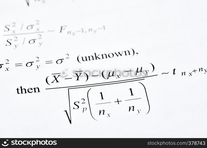 Isolated table of random numbers and formula on white paper background