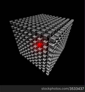 Isolated three dimensional cube made of metal cubes whith a red selected point. Cube made of small cubes