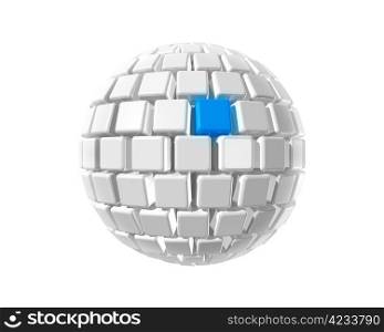 Isolated three dimensional white sphere made of cubes whith a blue selected cube. Sphere made of small cubes