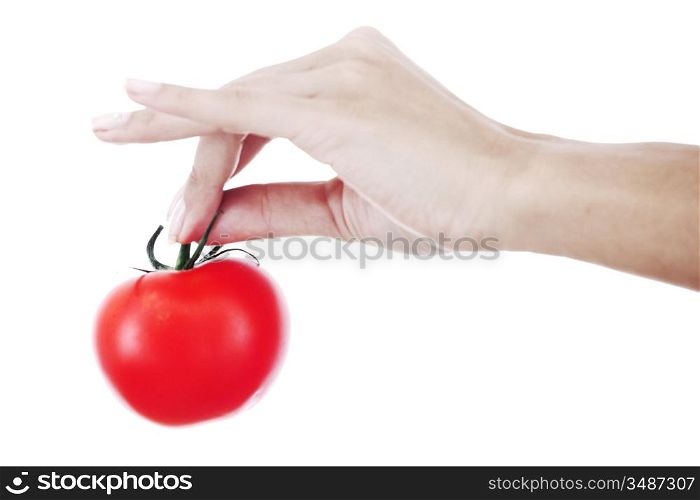 isolated tomato in woman hands close up