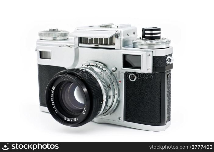 Isolated vintage classic manual film camera on white background.