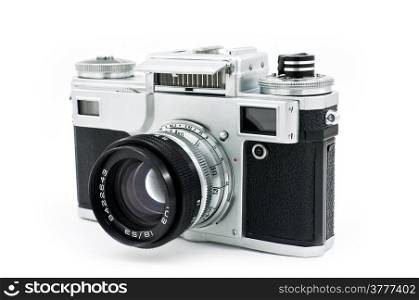 Isolated vintage classic manual film camera on white background.