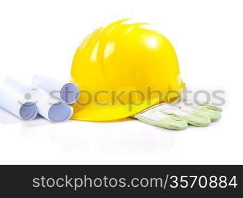 isolated yellow helmet on glove with blueprints