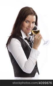 isolated young business woman drinking wine over white background