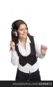 isolated young business woman listening music over white background