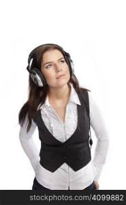 isolated young business woman listening music over white background
