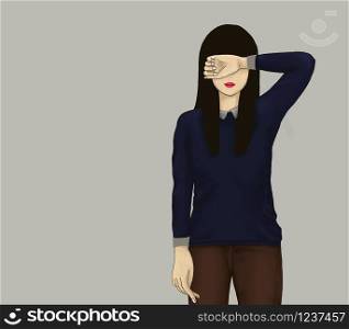 isolated young girl wearing blue jumper and brown Chino pants , Digital paint Hipster style girl character with long hair closing her eyes with her hand, Illustration cute cartoon