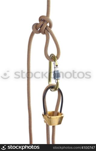 Isolater climbing rope and carabiner over white background