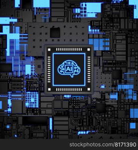 Isometric artificial intelligence processor chip, smart microchip, 3D illustration