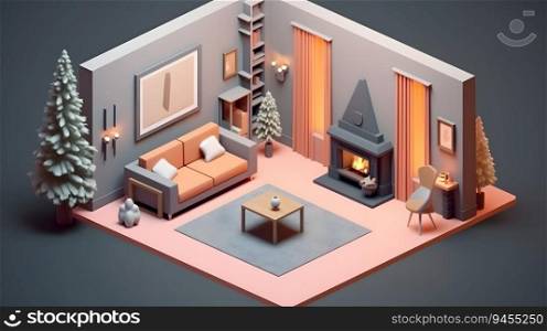 Isometric Christmas Fireplace Composition. AI generated.. Isometric Christmas Fireplace Composition