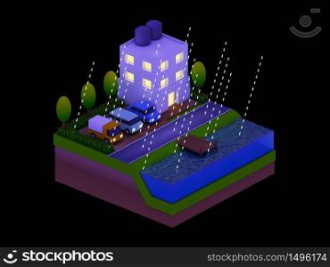 isometric city buildings, landscape, Road and river, night scene, raining