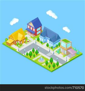 Isometric city infrastructure with houses,trees and fountain on blue background